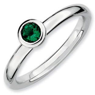 Round Cut Solitaire Emerald Sterling Silver Stacking Band Ring