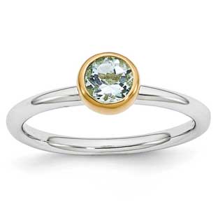 Round Aquamarine March Birthstone Two-Tone Silver Gold Stackable Ring