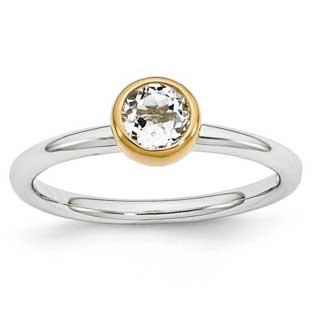 Round White Topaz April Birthstone Two-Tone Silver Gold Stackable Ring