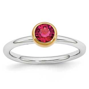 Round Ruby July Birthstone Two-Tone Silver Gold Stackable Ring