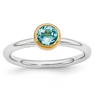 Round Blue Topaz December Birthstone Two-Tone Silver Gold Stackable Ring