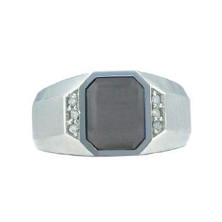 White Gold Men's Hematite and Diamomd Ring