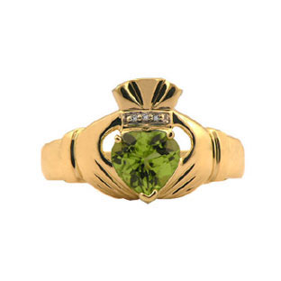 Yellow Gold Men's Peridot and Diamond Claddagh Ring