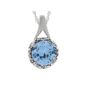 White Gold Round Cut Aquamarine March Gemstone Diamond Pendant