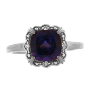 Diamond Cushion-Cut Amethyst Gemstone White Gold Ring