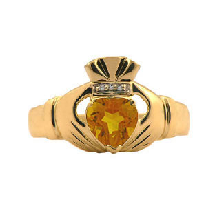 Yellow Gold Men's Citrine and Diamond Claddagh Ring