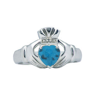 Diamond and Blue Topaz Men's White Gold Claddagh Ring