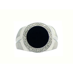 Men's White Gold Round Cut Black Onyx & Diamond Ring