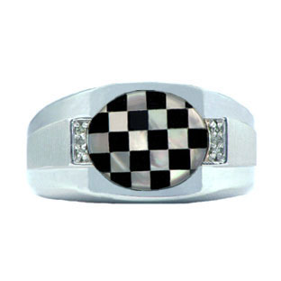 White Gold Diamond Onyx & Mother-of-Pearl Men's Ring