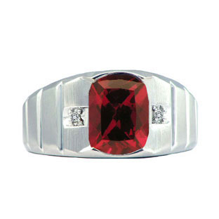 Men's White Gold Diamond Antique Cushion Cut Ruby Ring