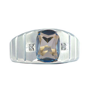 Men's White Gold Diamond Antique Cushion Cut Blue Topaz Ring