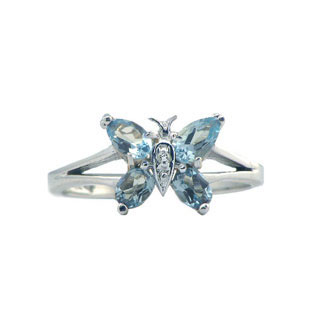 Blue Topaz Diamond Gemstone Butterfly Ring In White Gold