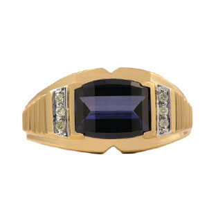 Barrel Cut Sapphire and Diamond Ring For Men In Yellow Gold