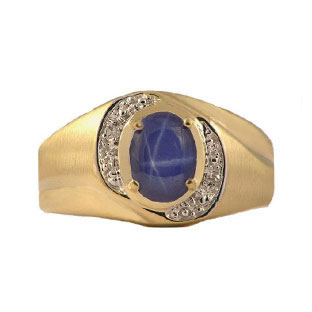 Men's Oval Star Sapphire and Diamond Gold Ring