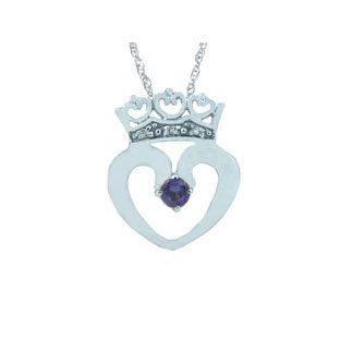 Sapphire and Crown Diamond Heart Pendant in White Gold