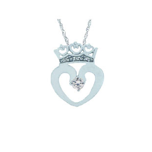 White Topaz and Crown Diamond Heart Pendant in White Gold