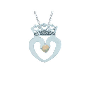 Opal and Crown Diamond Heart Pendant in White Gold