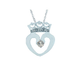 Aquamarine and Crown Diamond Heart Pendant in White Gold