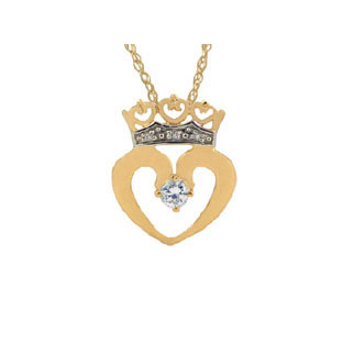White Topaz and Diamond Crown Heart Pendant in Yellow Gold