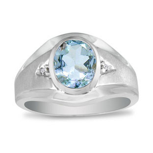 Men's Oval Aquamarine Diamond Dual Finish White Gold Ring