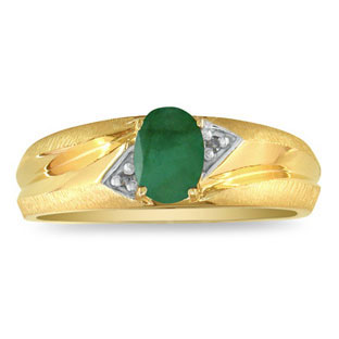 Yellow Gold Matte-Polished Finish Diamond Emerald Men's Ring