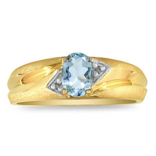 Yellow Gold Matte-Polished Finish Diamond Aquamarine Men's Ring