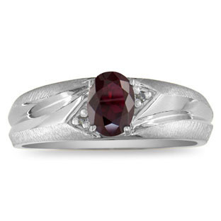 Men's Garnet Diamond Satin-Polished Finish White Gold Ring